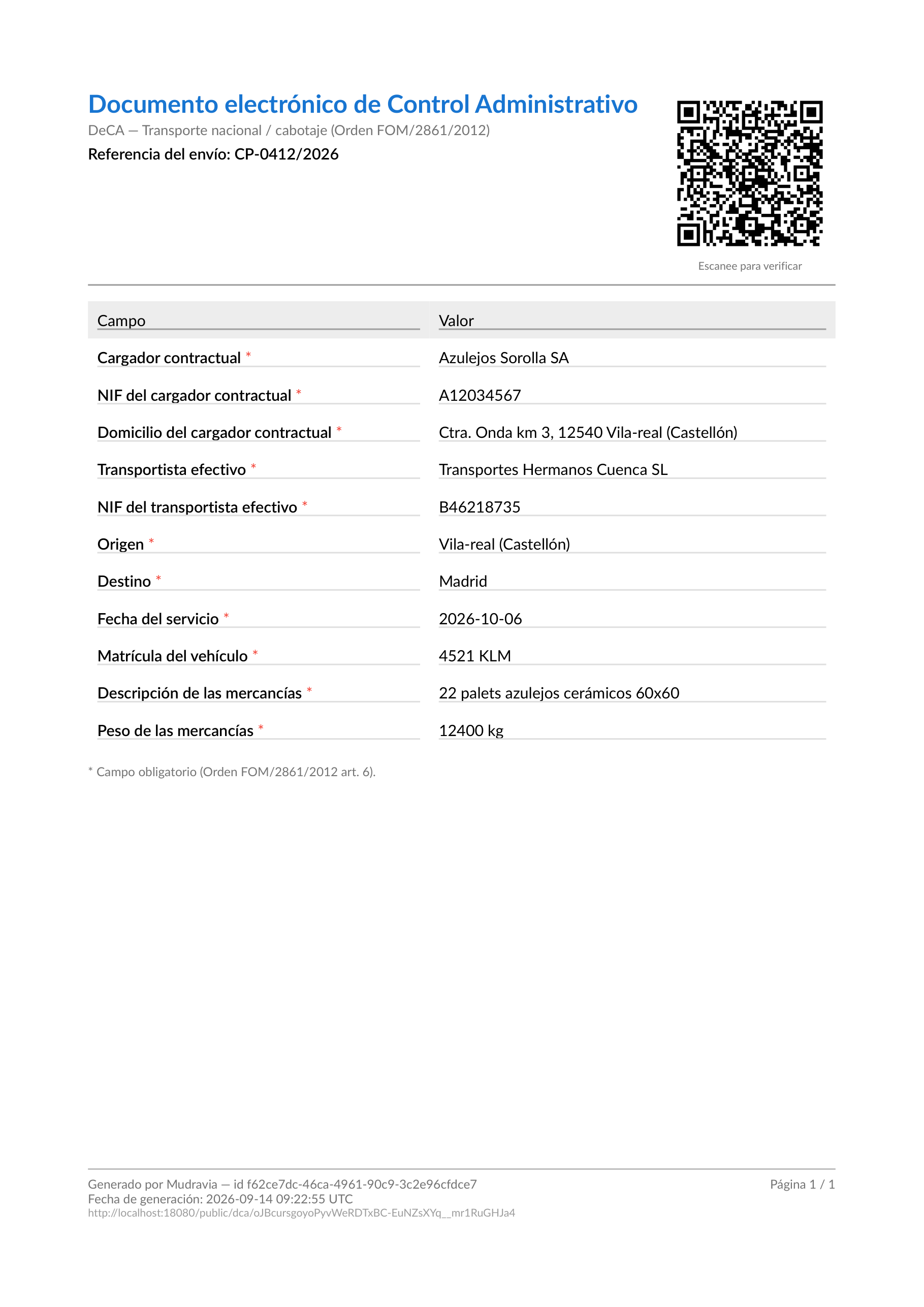 The DeCA generated by Mudravia for consignment CP-0412/2026: title, reference and the field table of Orden FOM/2861/2012.